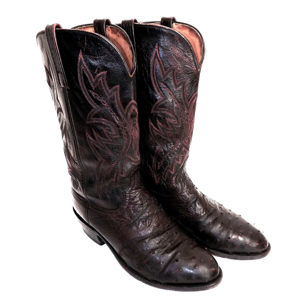 Lucchese 1883 Full Quill Ostrich Cherry Vamp Inlay Cowboy Boots - Men's 10 EE